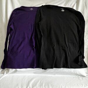 St Johns Bay Womens Long Sleeve Crewneck T-Shirts Size L Cotton Purple & Black C